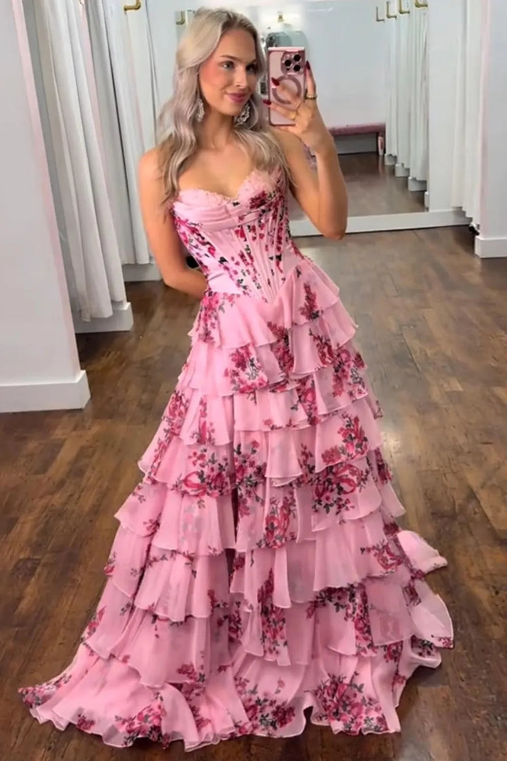 Blue Floral Sweetheart A-Line Tiered Long Prom Dress with Appliques