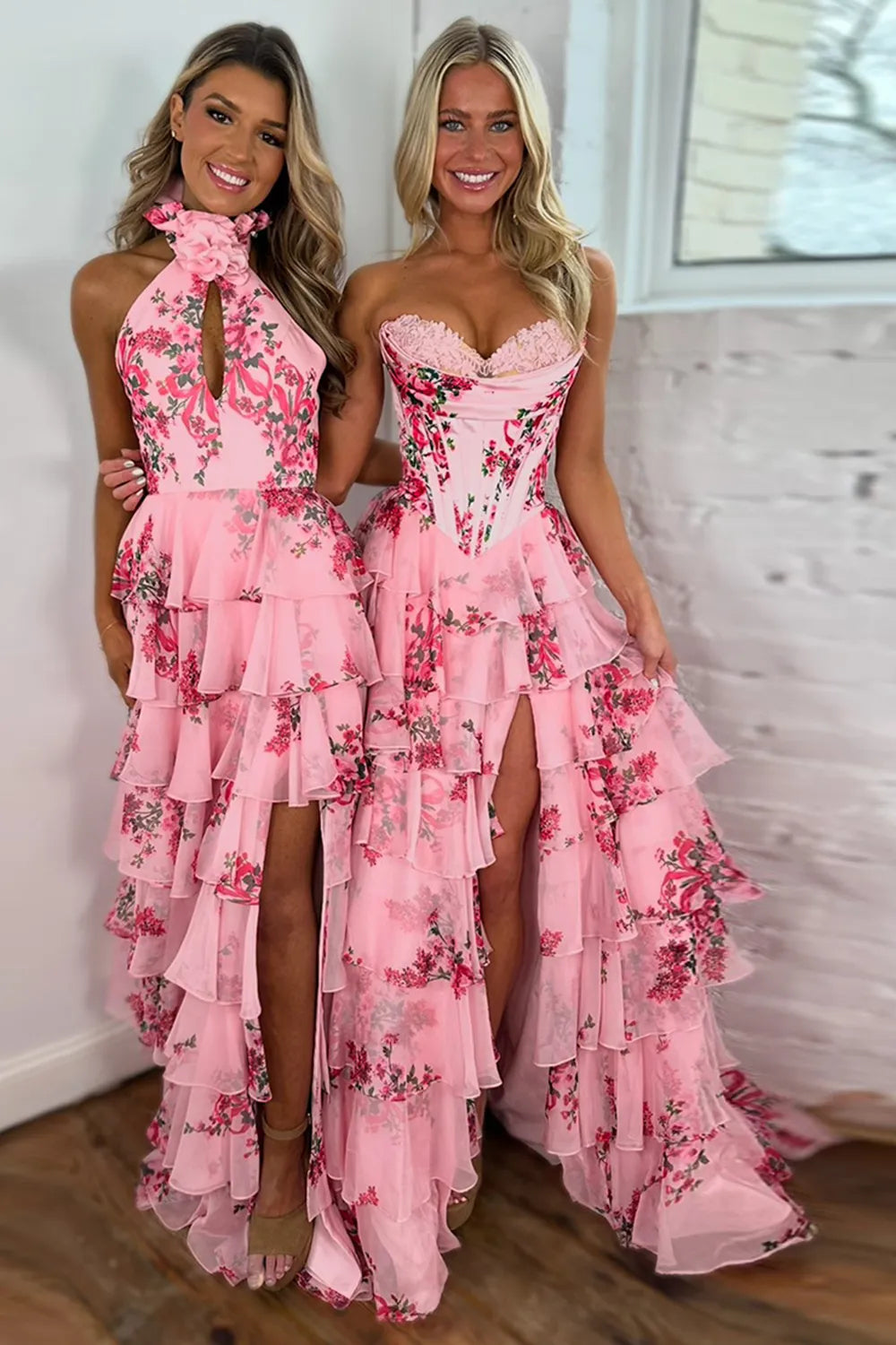 Blue Floral Sweetheart A-Line Tiered Long Prom Dress with Appliques