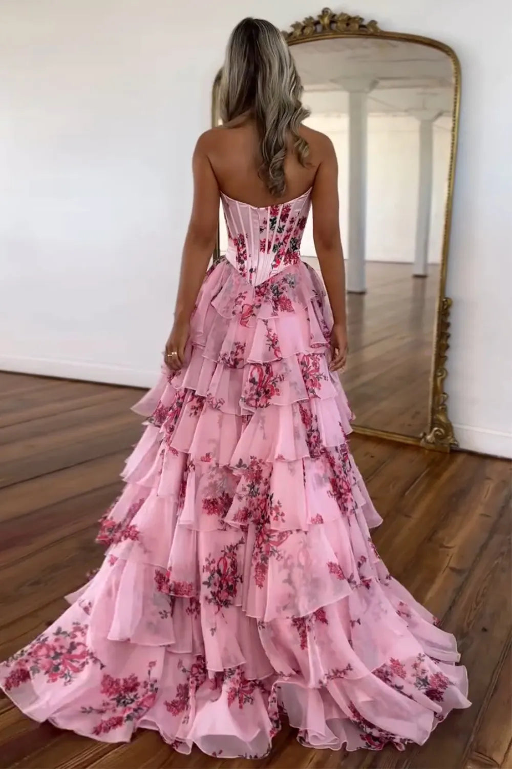 Blue Floral Sweetheart A-Line Tiered Long Prom Dress with Appliques