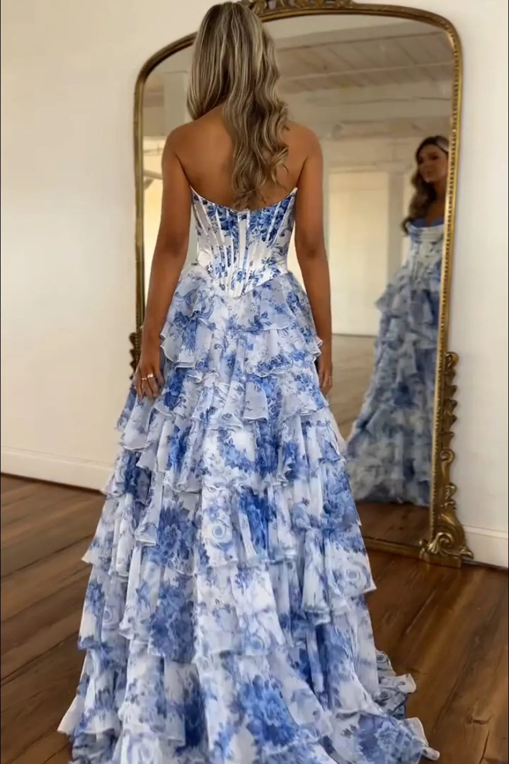 Blue Floral Sweetheart A-Line Tiered Long Prom Dress with Appliques