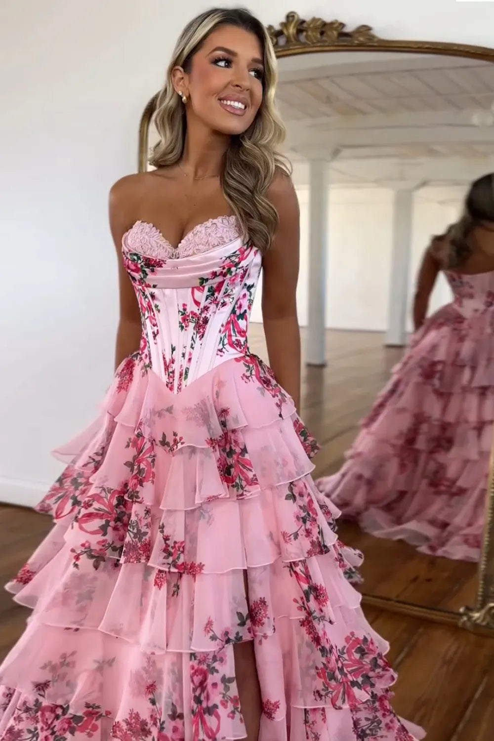 Blue Floral Sweetheart A-Line Tiered Long Prom Dress with Appliques