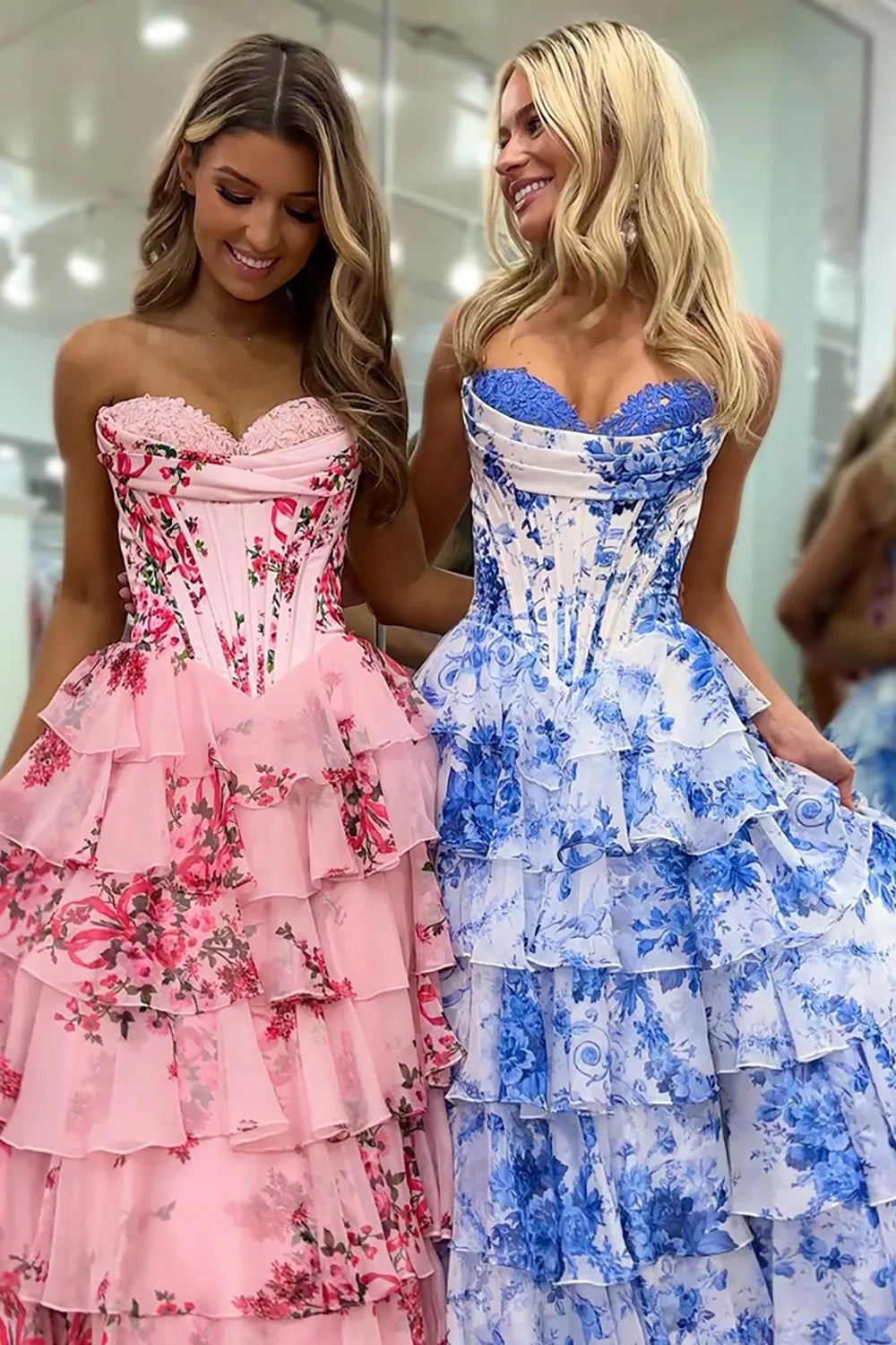 Blue Floral Sweetheart A-Line Tiered Long Prom Dress with Appliques