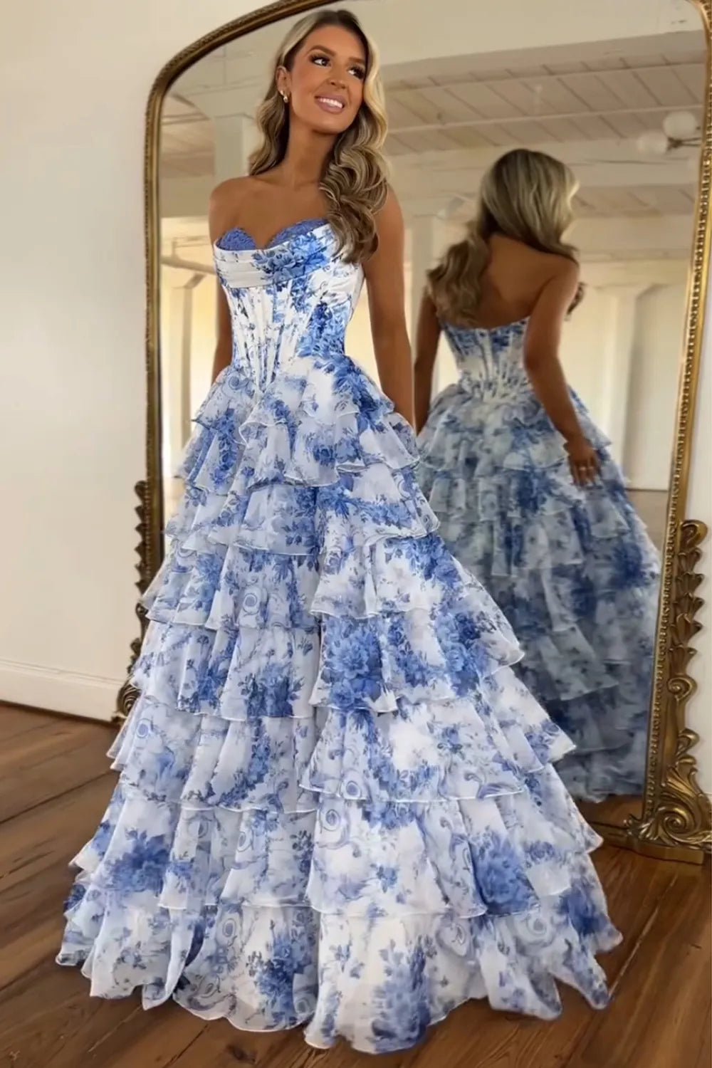 Blue Floral Sweetheart A-Line Tiered Long Prom Dress with Appliques