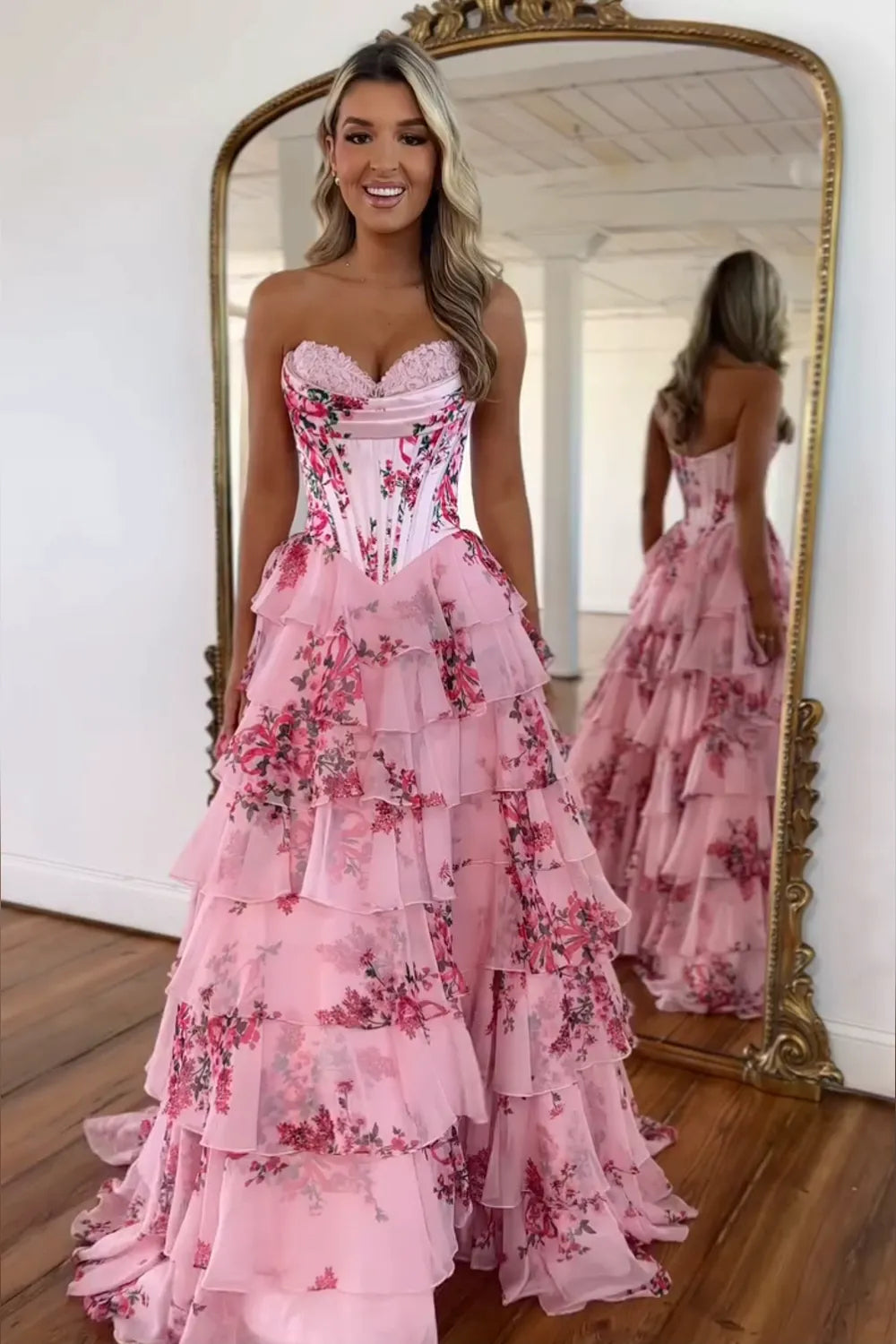 Blue Floral Sweetheart A-Line Tiered Long Prom Dress with Appliques