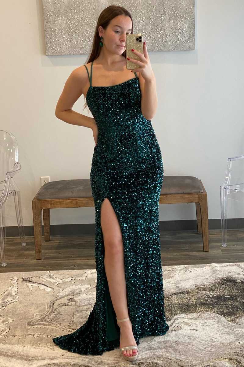 Sparkly Fuchsia Spaghetti Straps Sequin Mermaid Long Prom Dress