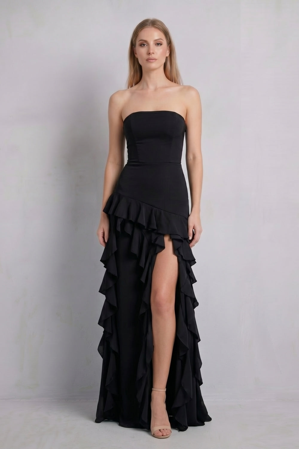 Black Strapless Mermaid Tiered Long Prom Dress with Ruffles