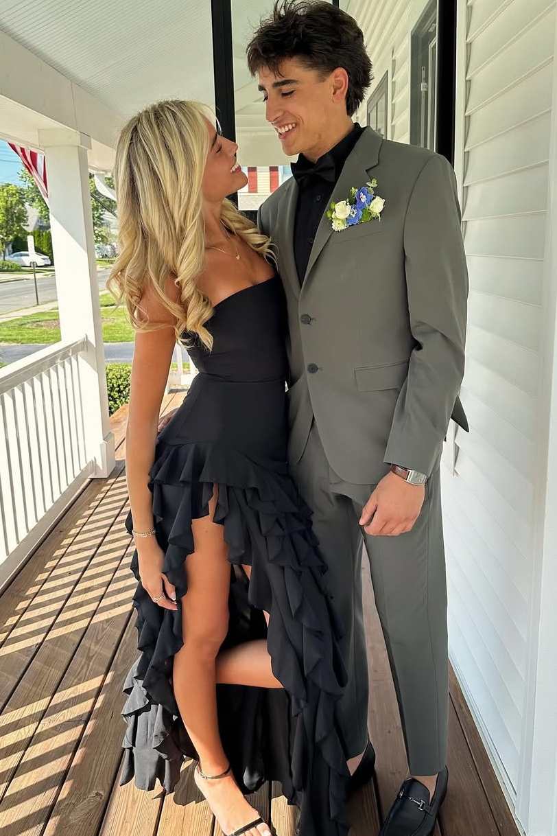 Black Strapless Mermaid Tiered Long Prom Dress with High Slit
