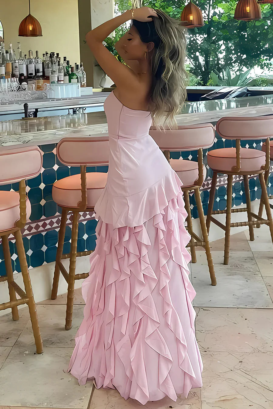 Black Strapless Mermaid Tiered Long Prom Dress with High Slit
