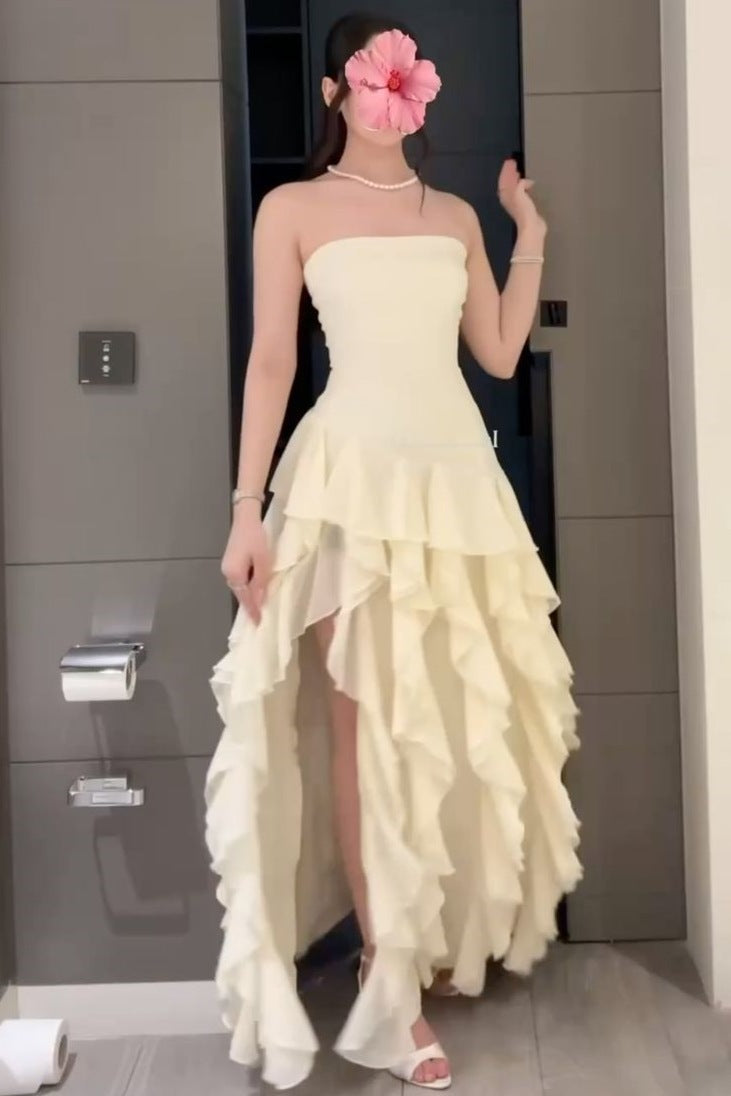 Black Strapless Mermaid Tiered Long Prom Dress with High Slit