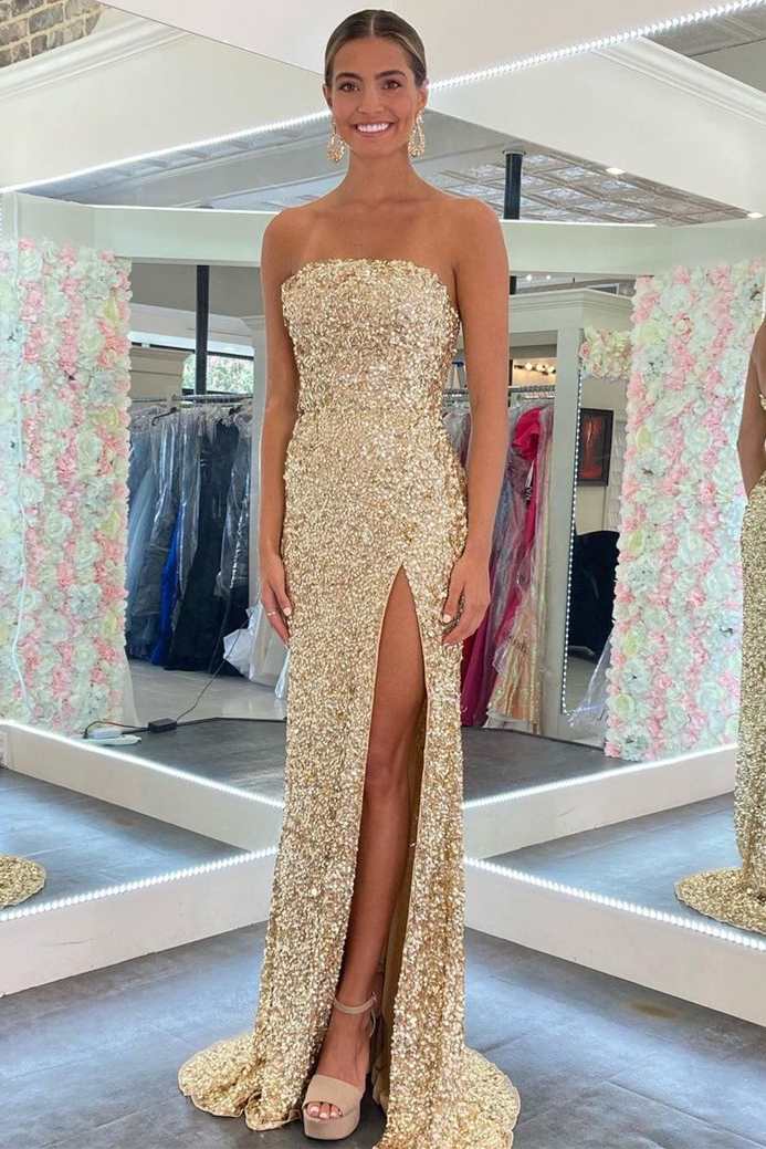 Sparkly Gold Strapless Sequin Mermaid Long Prom Dress with Slit