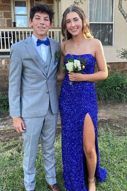 Sparkly Gold Strapless Sequin Mermaid Long Prom Dress with Slit