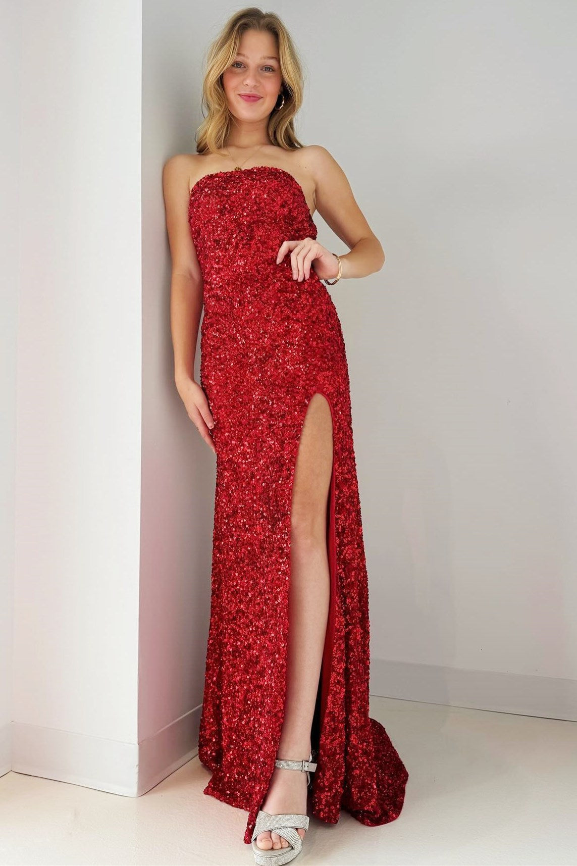 Sparkly Gold Strapless Sequin Mermaid Long Prom Dress with Slit