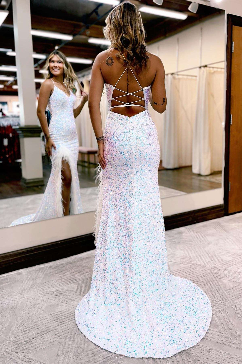 Sparkly Spaghetti Straps Sequin Mermaid Long Prom Dress with Feather
