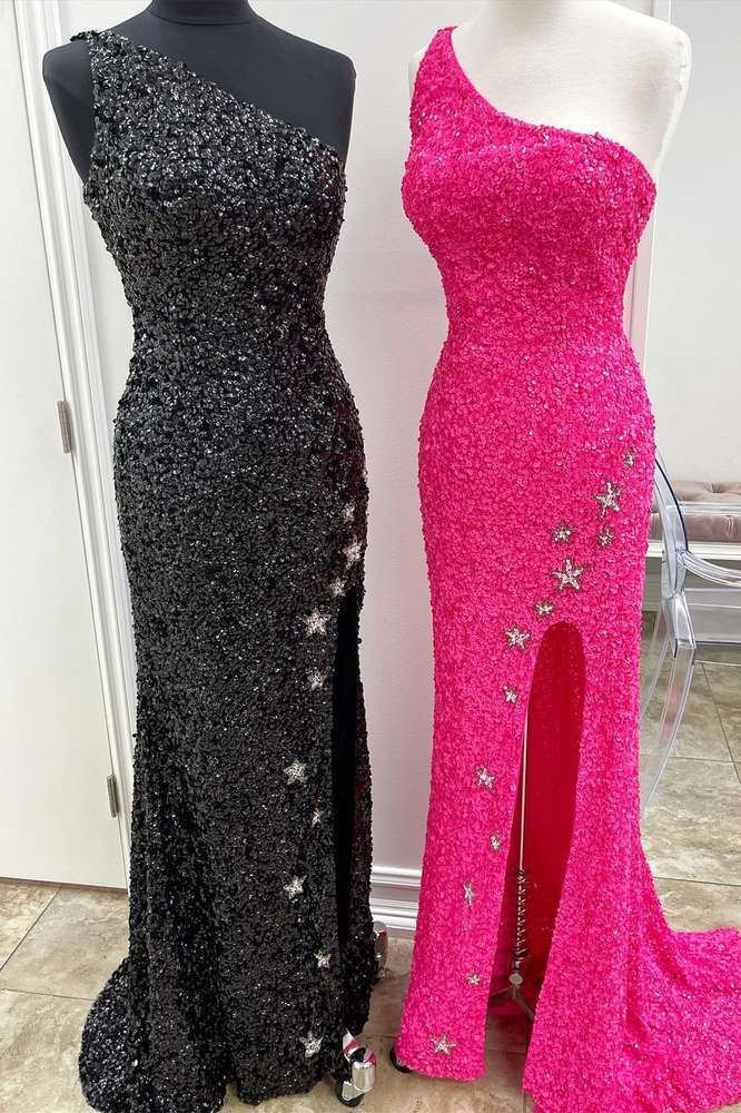 Sparkly One Shoulder Sequin Mermaid Long Prom Dress with Slit