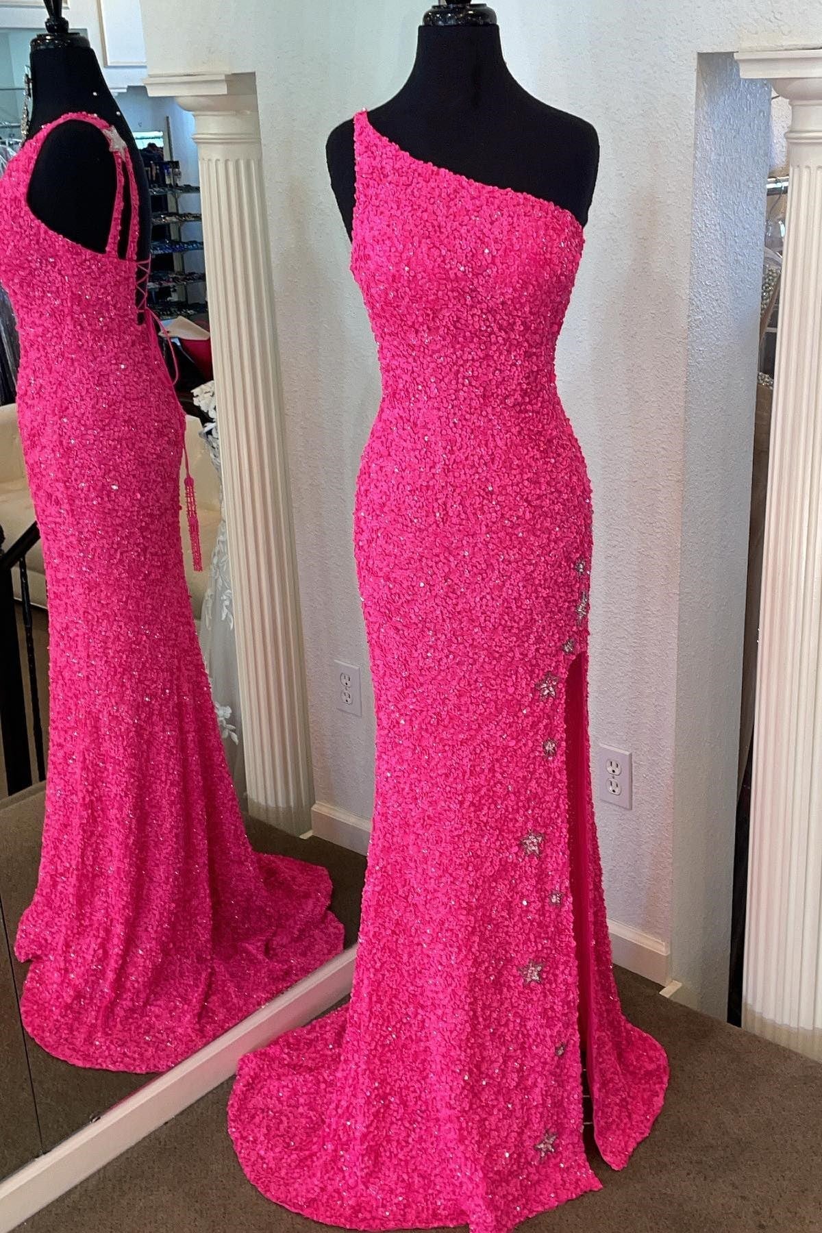 Sparkly One Shoulder Sequin Mermaid Long Prom Dress with Slit