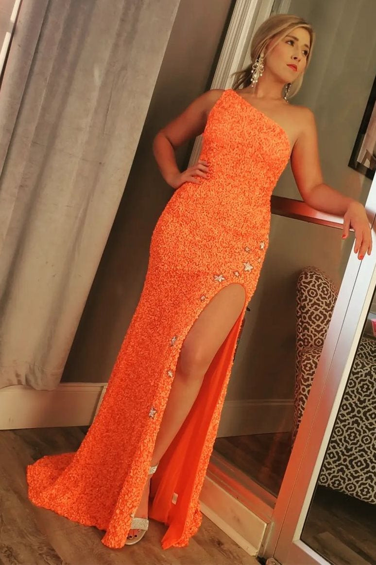 Sparkly One Shoulder Sequin Mermaid Long Prom Dress with Slit
