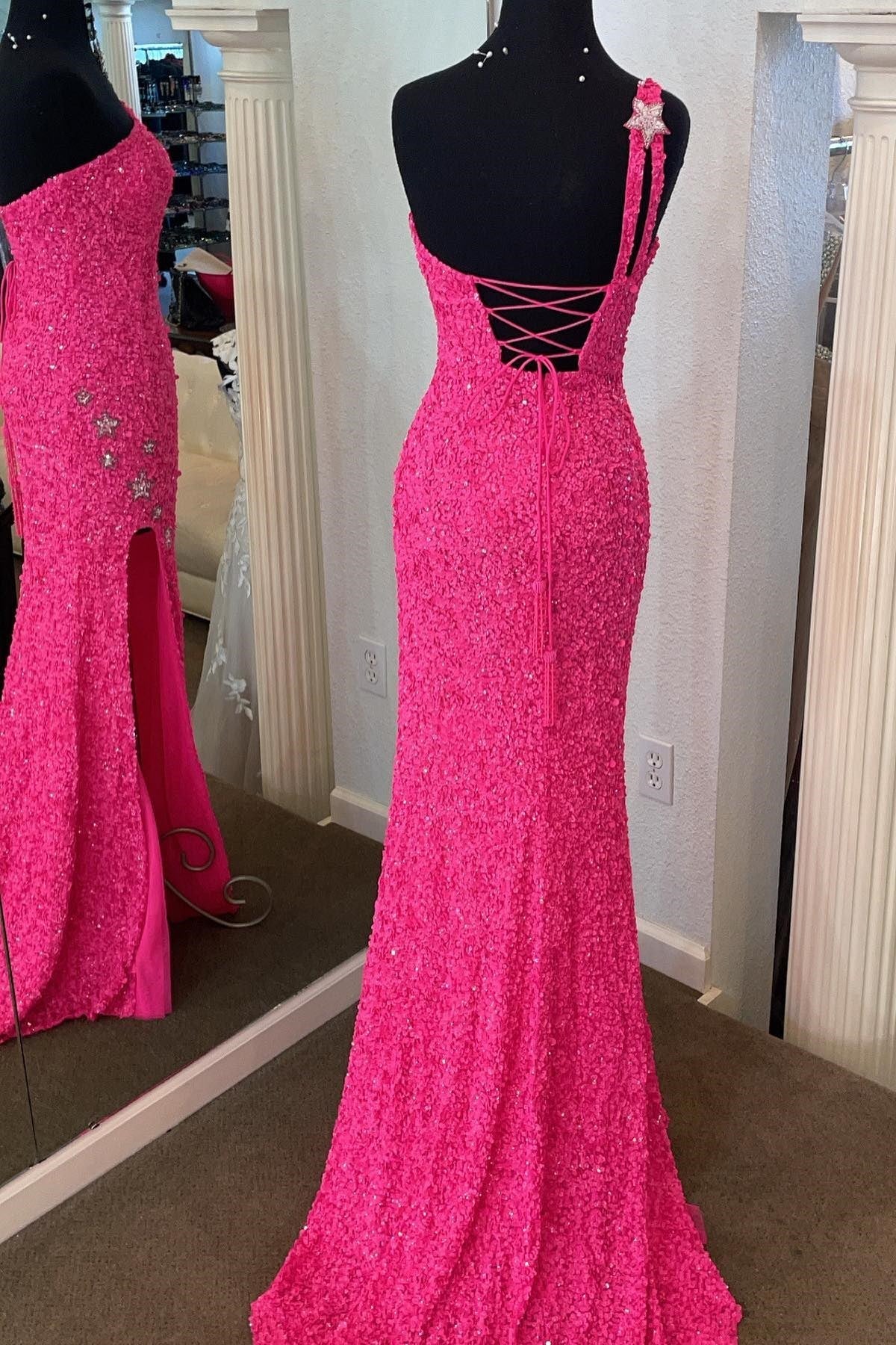 Sparkly One Shoulder Sequin Mermaid Long Prom Dress with Slit