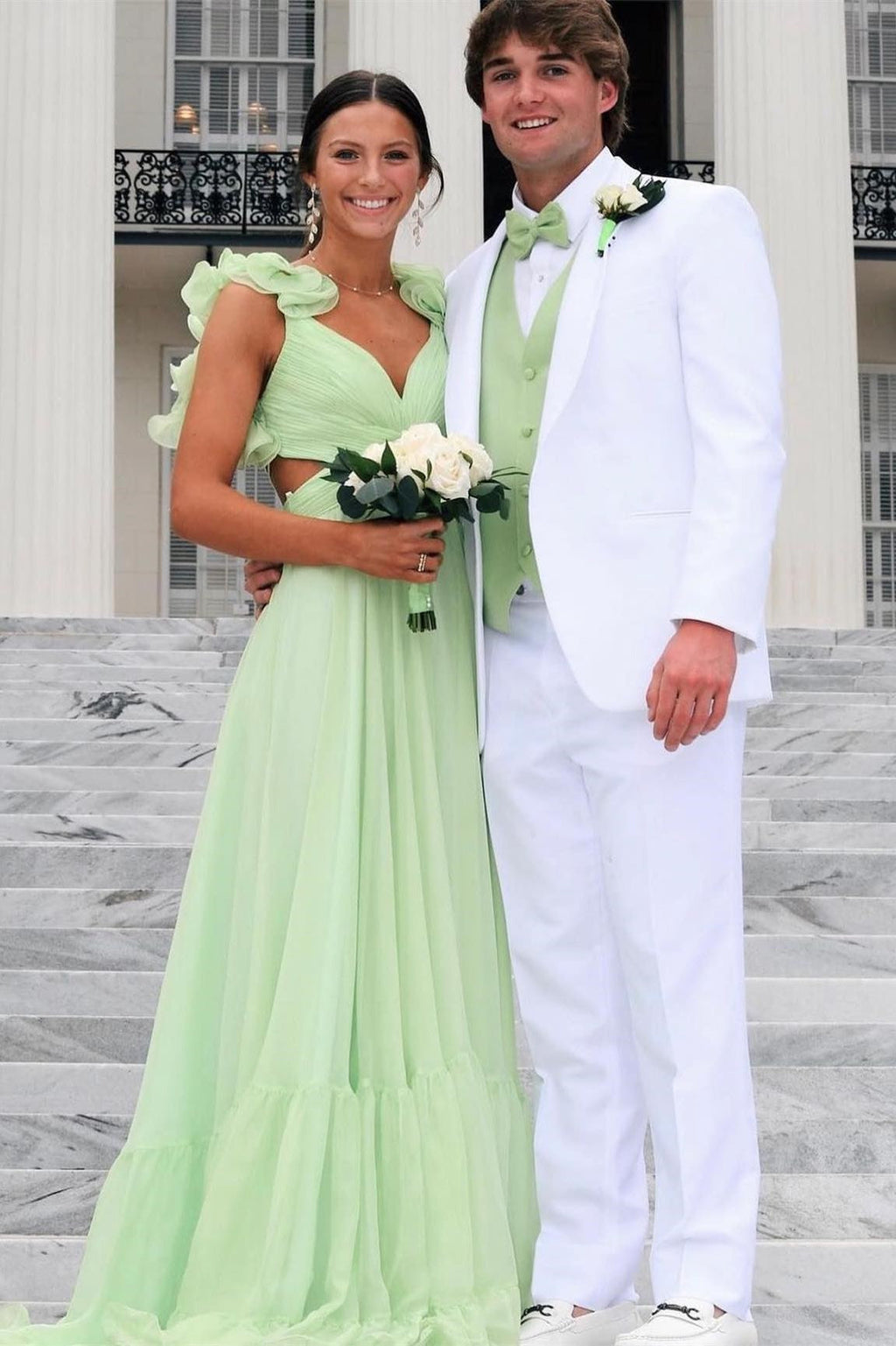 Sage V-Neck Chiffon A-Line Long Prom Dress with 3D Flowers