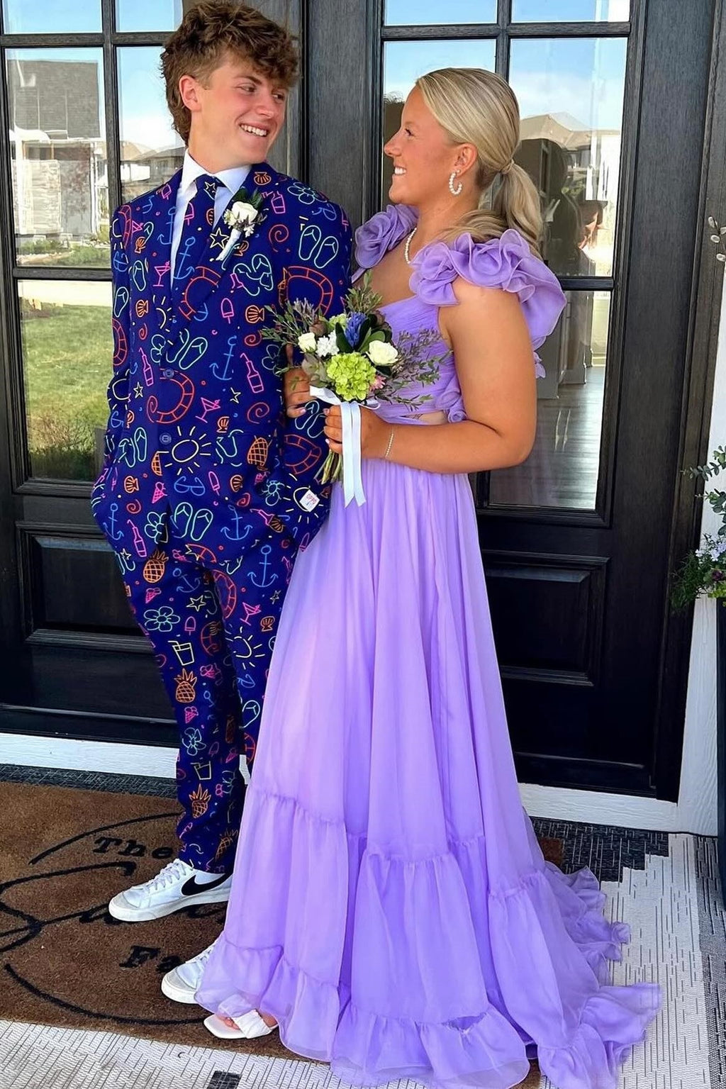 Sage V-Neck Chiffon A-Line Long Prom Dress with 3D Flowers
