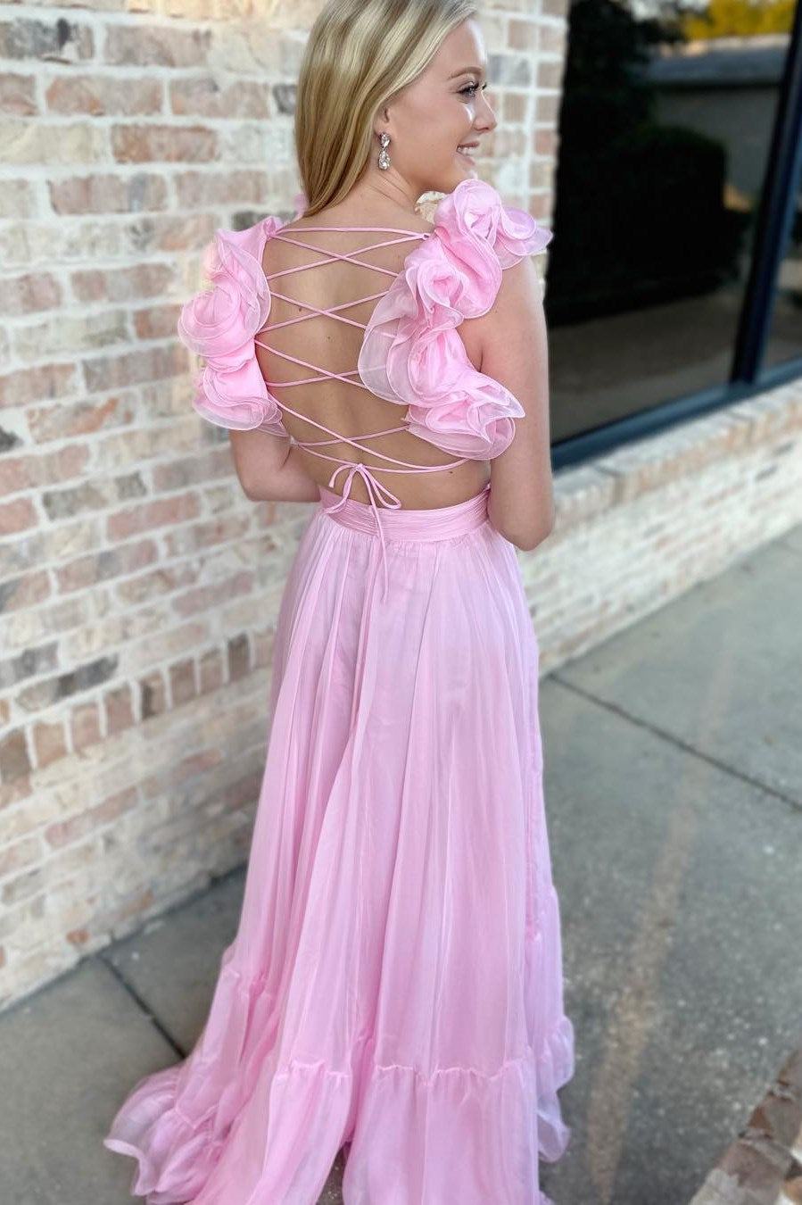Sage V-Neck Chiffon A-Line Long Prom Dress with 3D Flowers