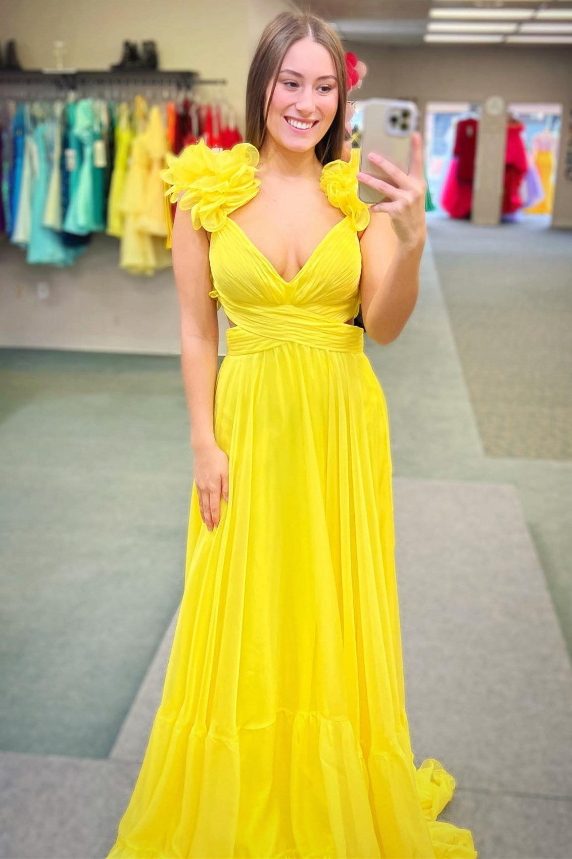 Sage V-Neck Chiffon A-Line Long Prom Dress with 3D Flowers