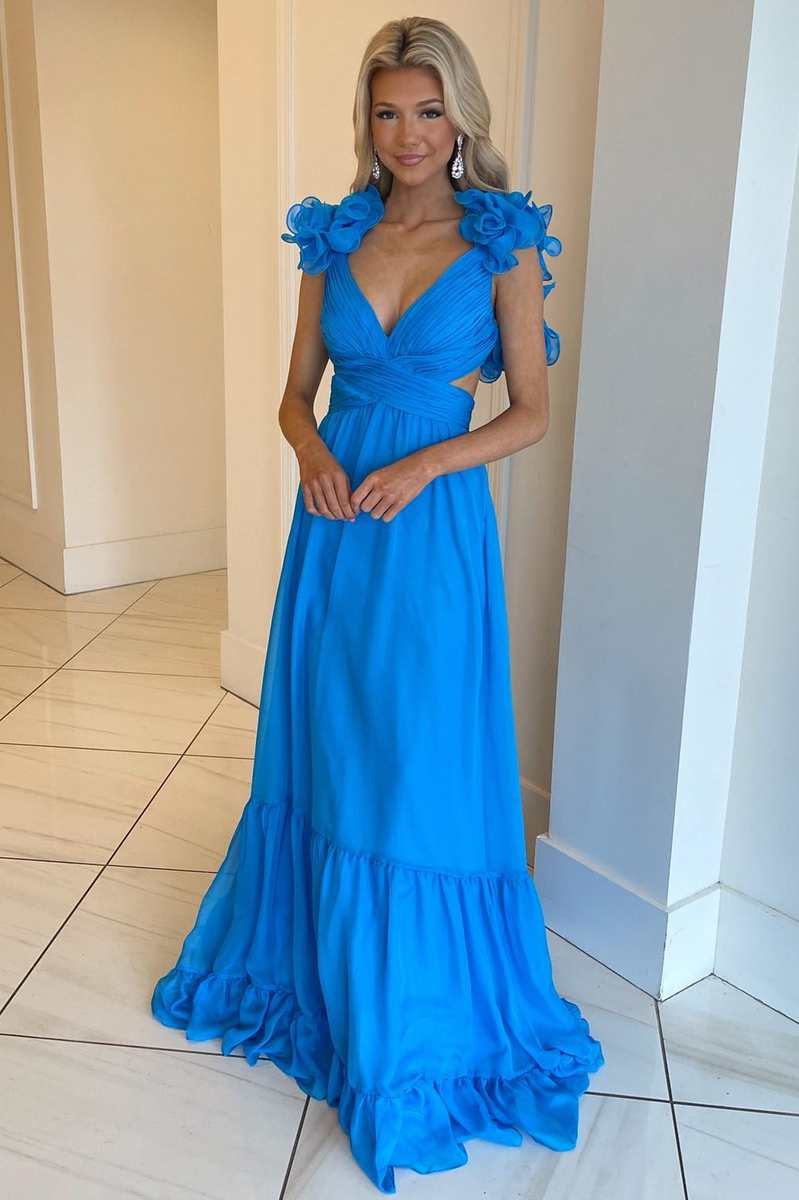 Sage V-Neck Chiffon A-Line Long Prom Dress with 3D Flowers