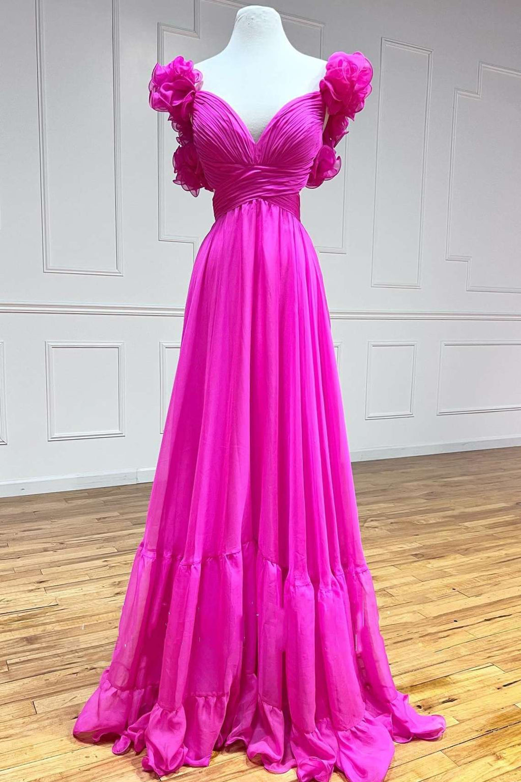 Sage V-Neck Chiffon A-Line Long Prom Dress with 3D Flowers