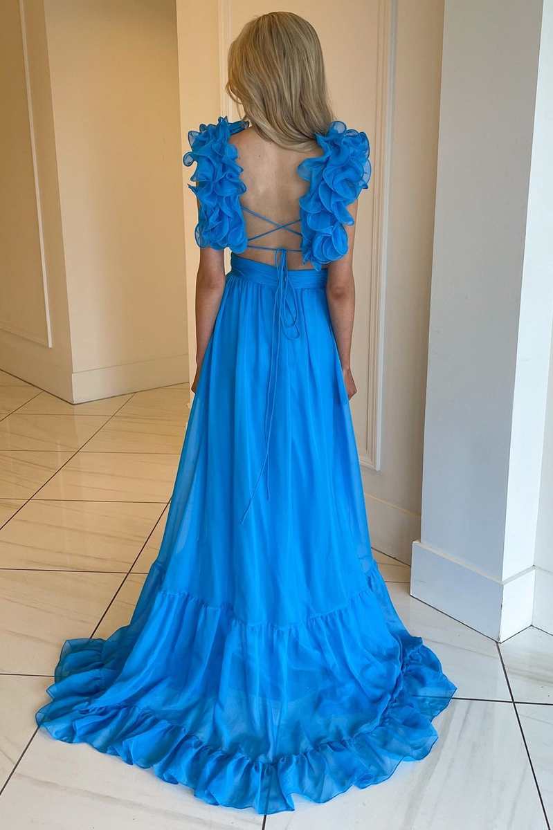 Sage V-Neck Chiffon A-Line Long Prom Dress with 3D Flowers