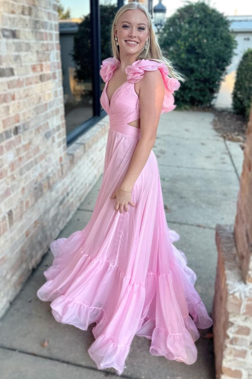 Sage V-Neck Chiffon A-Line Long Prom Dress with 3D Flowers