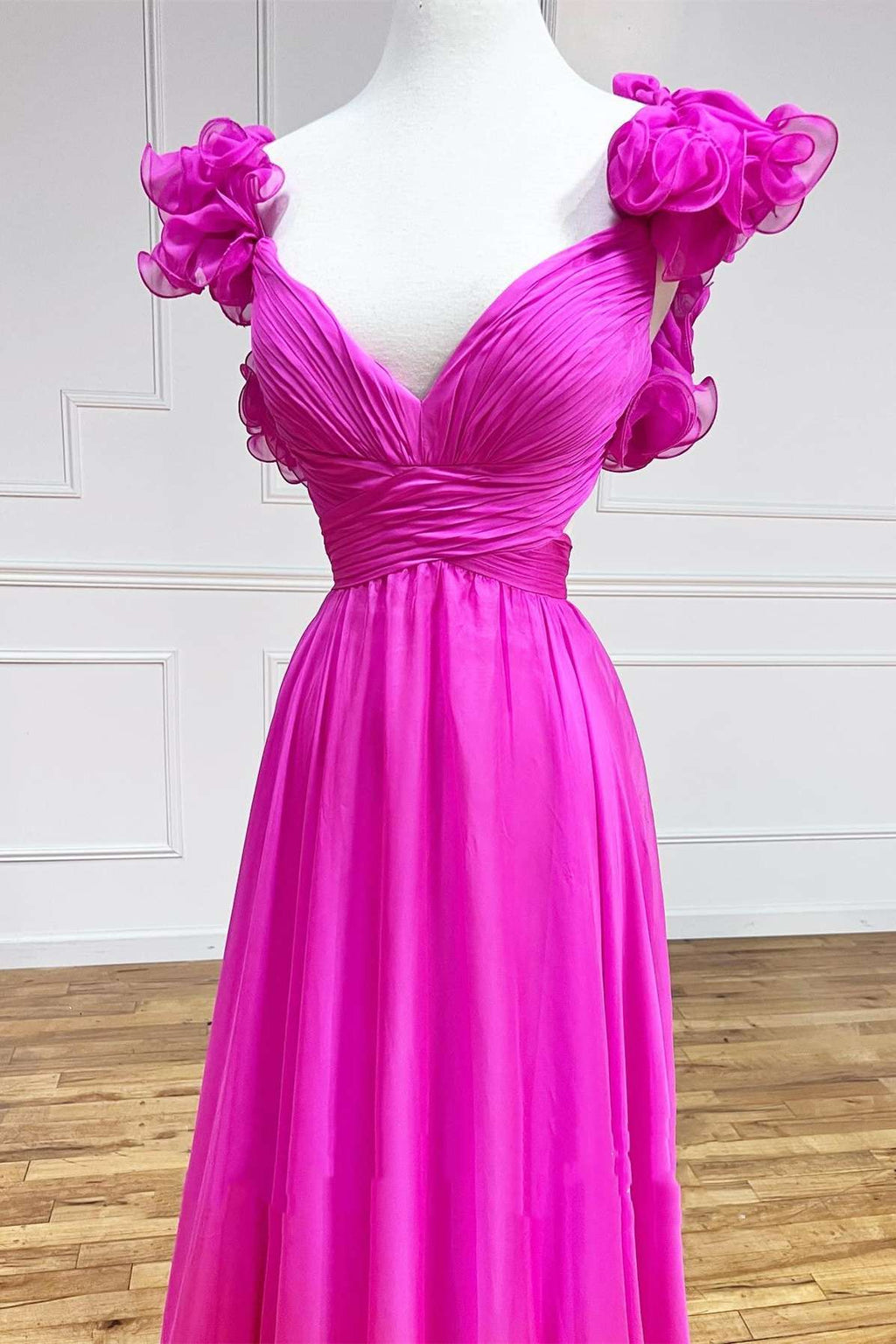 Sage V-Neck Chiffon A-Line Long Prom Dress with 3D Flowers