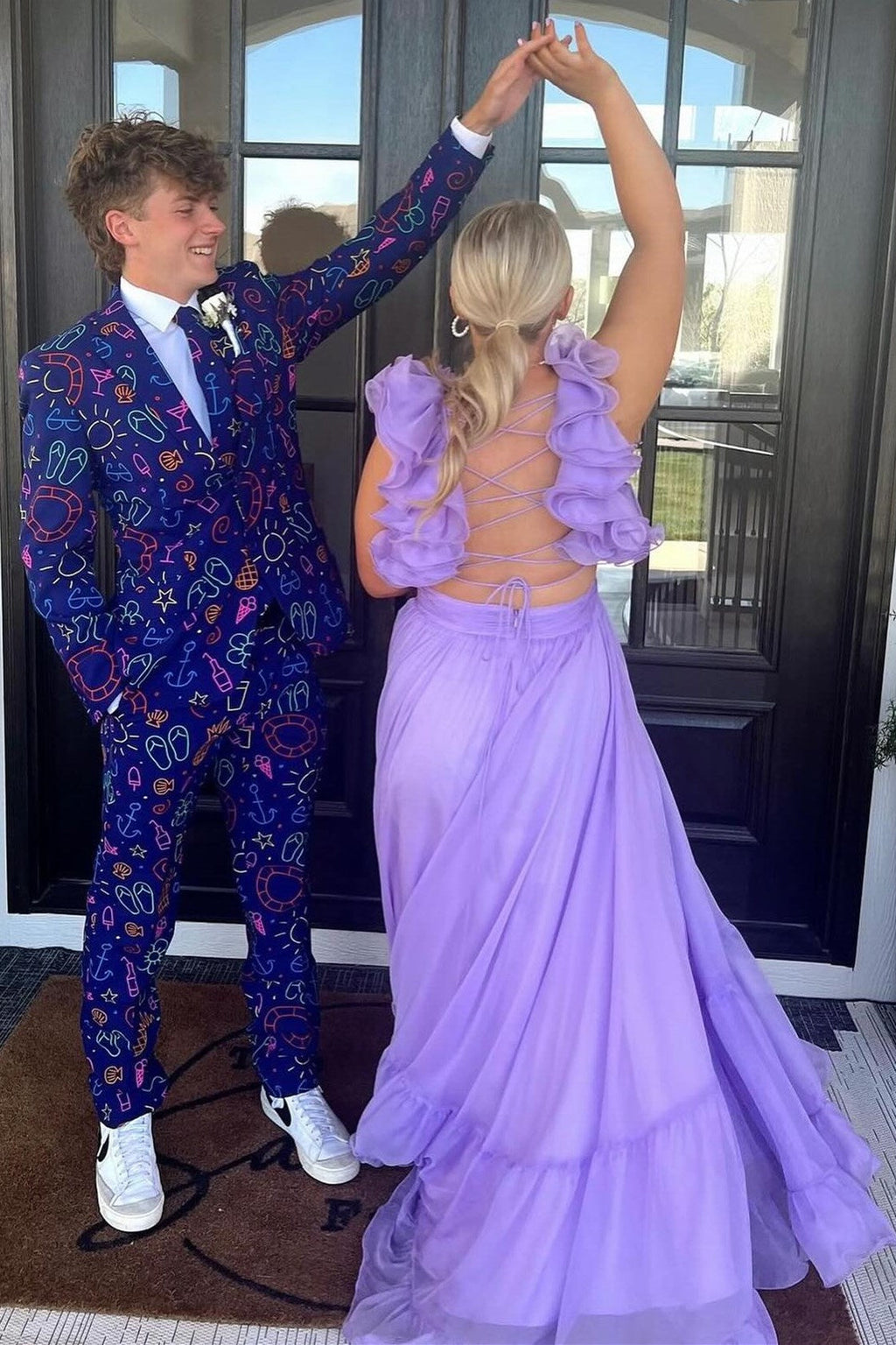 Sage V-Neck Chiffon A-Line Long Prom Dress with 3D Flowers