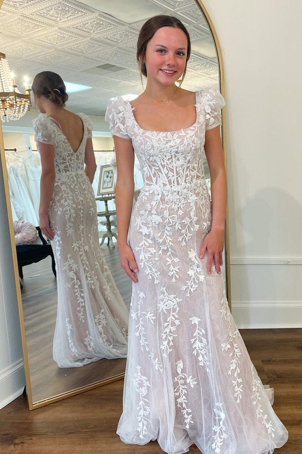 White Square Neck Mermaid Puff Sleeves Long Prom Dress with Appliques