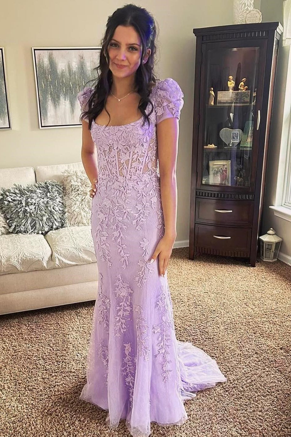 White Square Neck Mermaid Puff Sleeves Long Prom Dress with Appliques