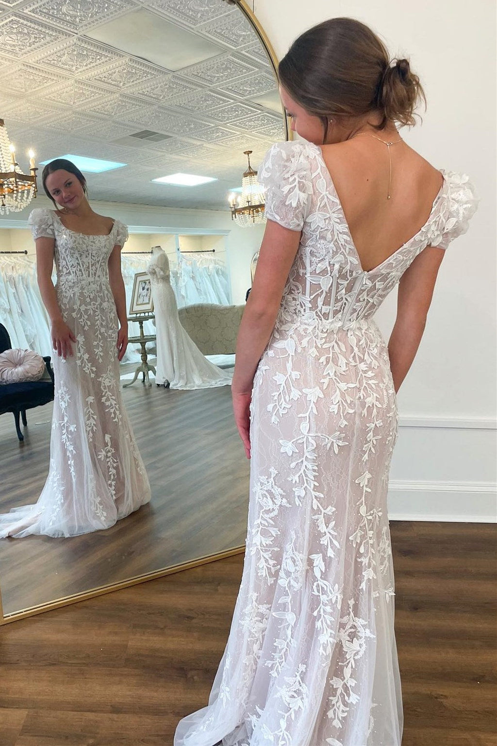 White Square Neck Mermaid Puff Sleeves Long Prom Dress with Appliques
