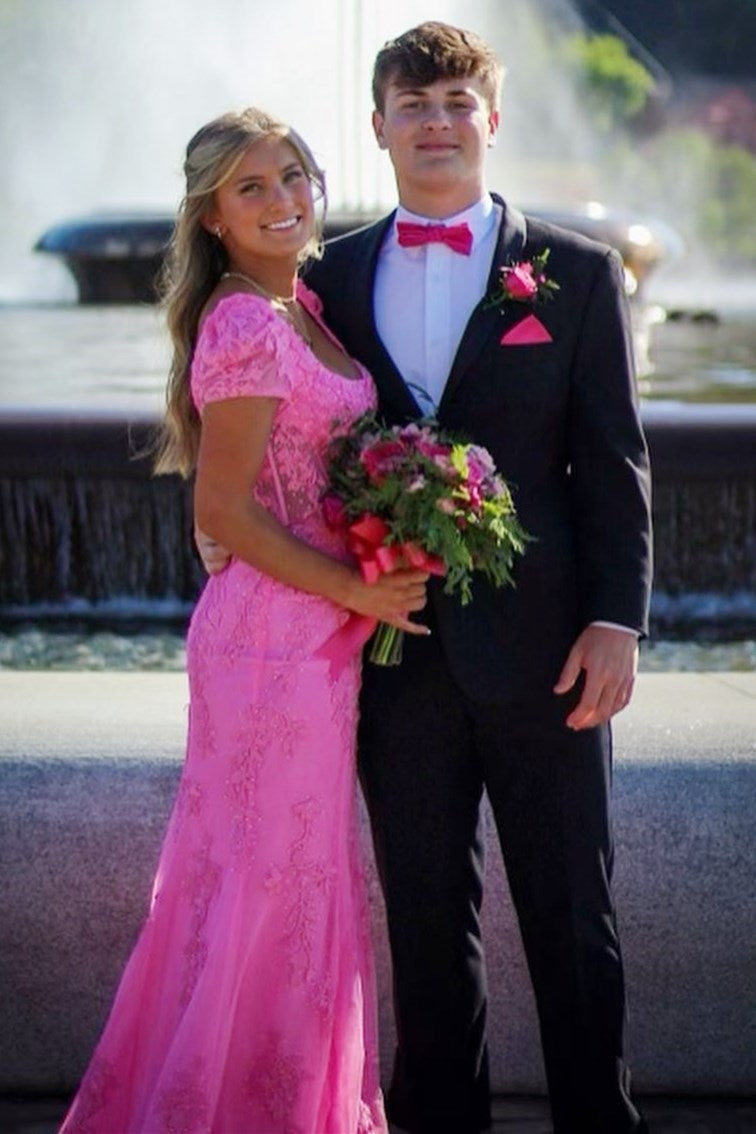 White Square Neck Mermaid Puff Sleeves Long Prom Dress with Appliques