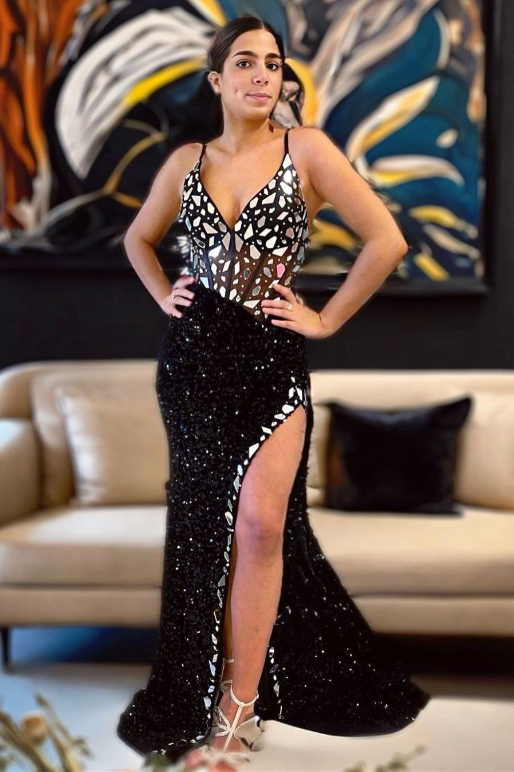 Sparkly Green Spaghetti Straps Sequin Mermaid Long Prom Dress with Mirror