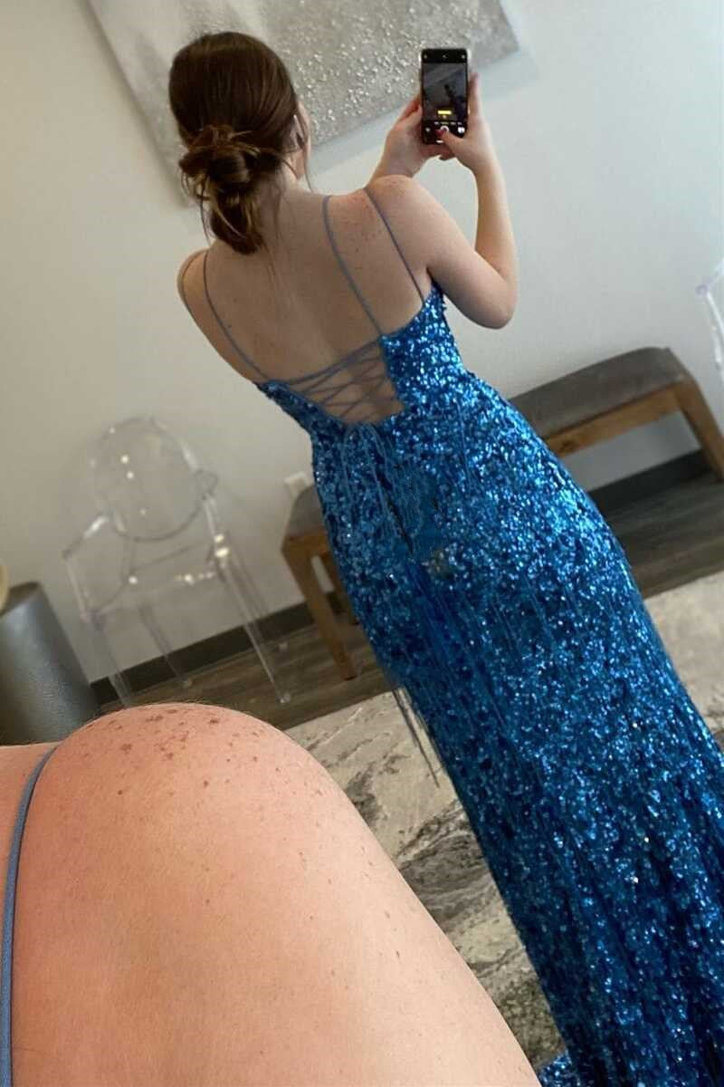 Sparkly Blue Spaghetti Straps Sequin Mermaid Long Prom Dress with Tassel