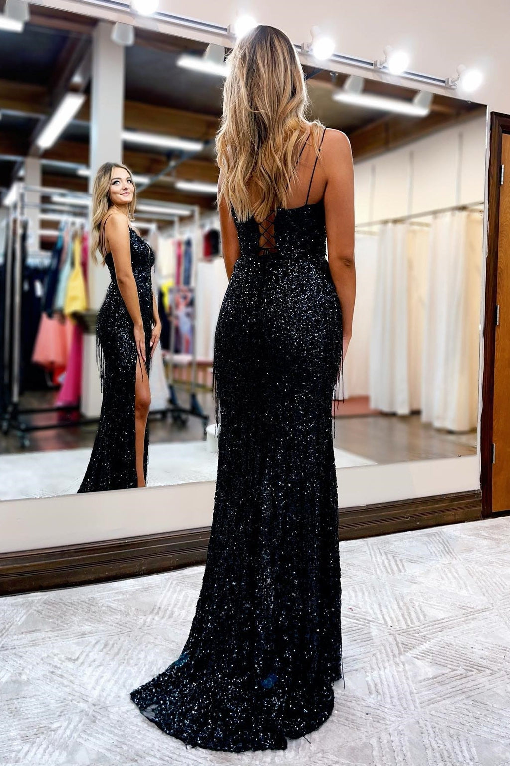 Sparkly Blue Spaghetti Straps Sequin Mermaid Long Prom Dress with Tassel