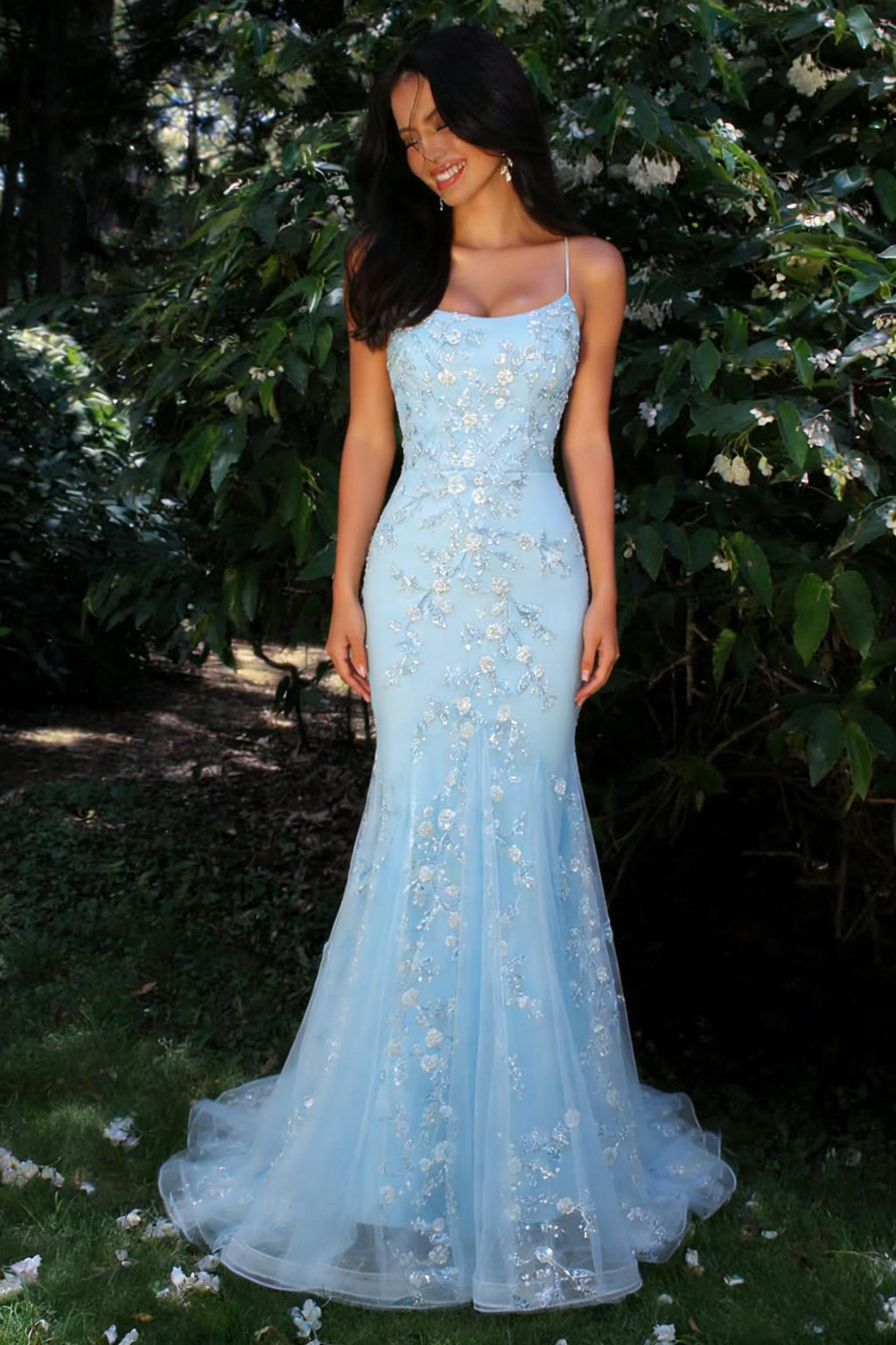 Sparkly Light Blue Spaghetti Straps Mermaid Long Prom Dress