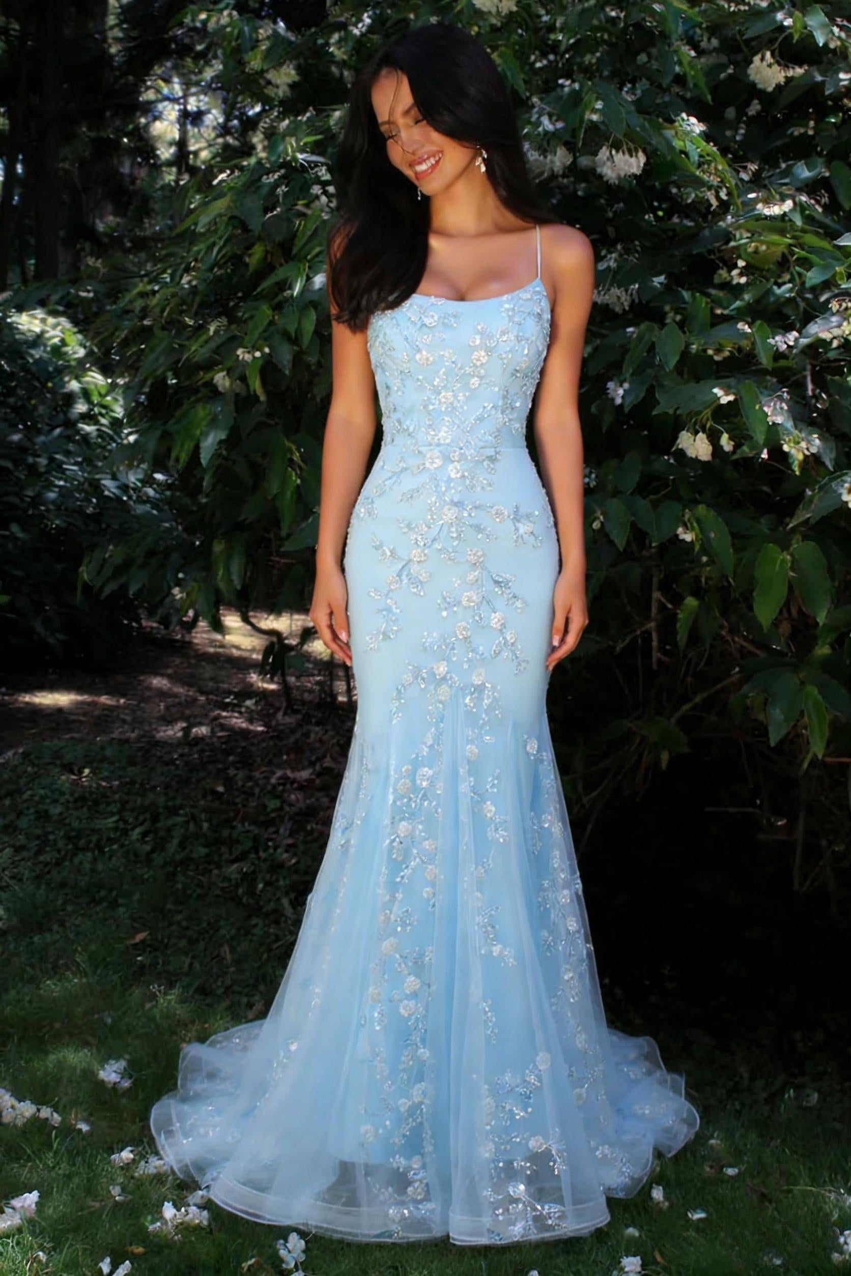 Sparkly Light Blue Spaghetti Straps Mermaid Long Prom Dress