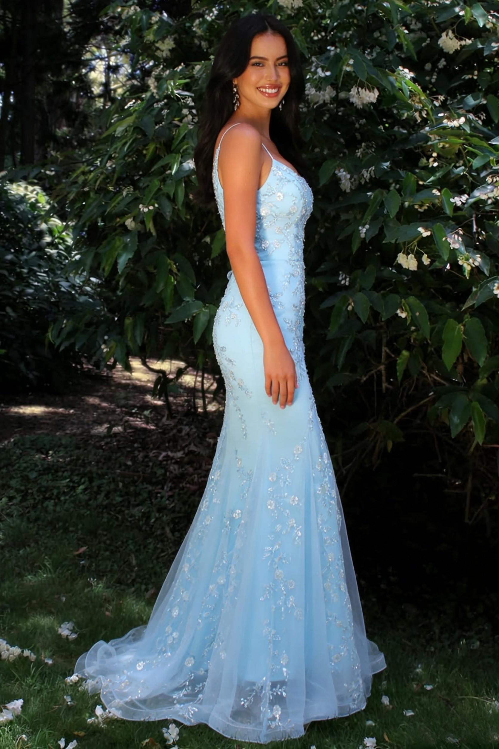 Sparkly Light Blue Spaghetti Straps Mermaid Long Prom Dress