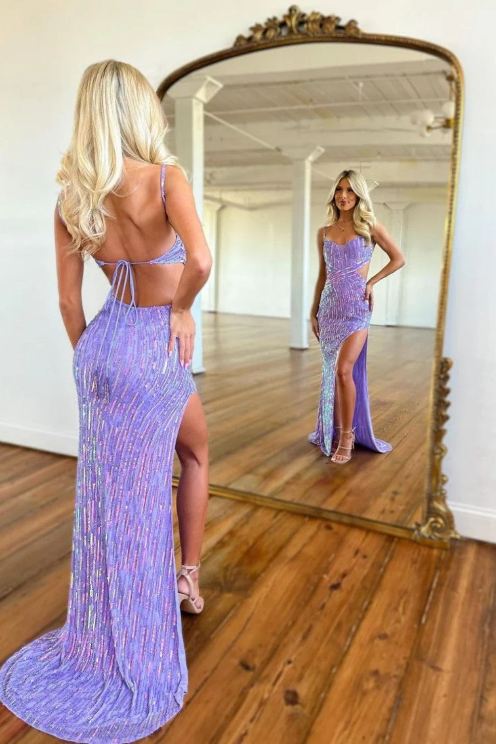 Sparkly Purple Spaghetti Straps Sequin Mermaid Long Prom Dress with Slit