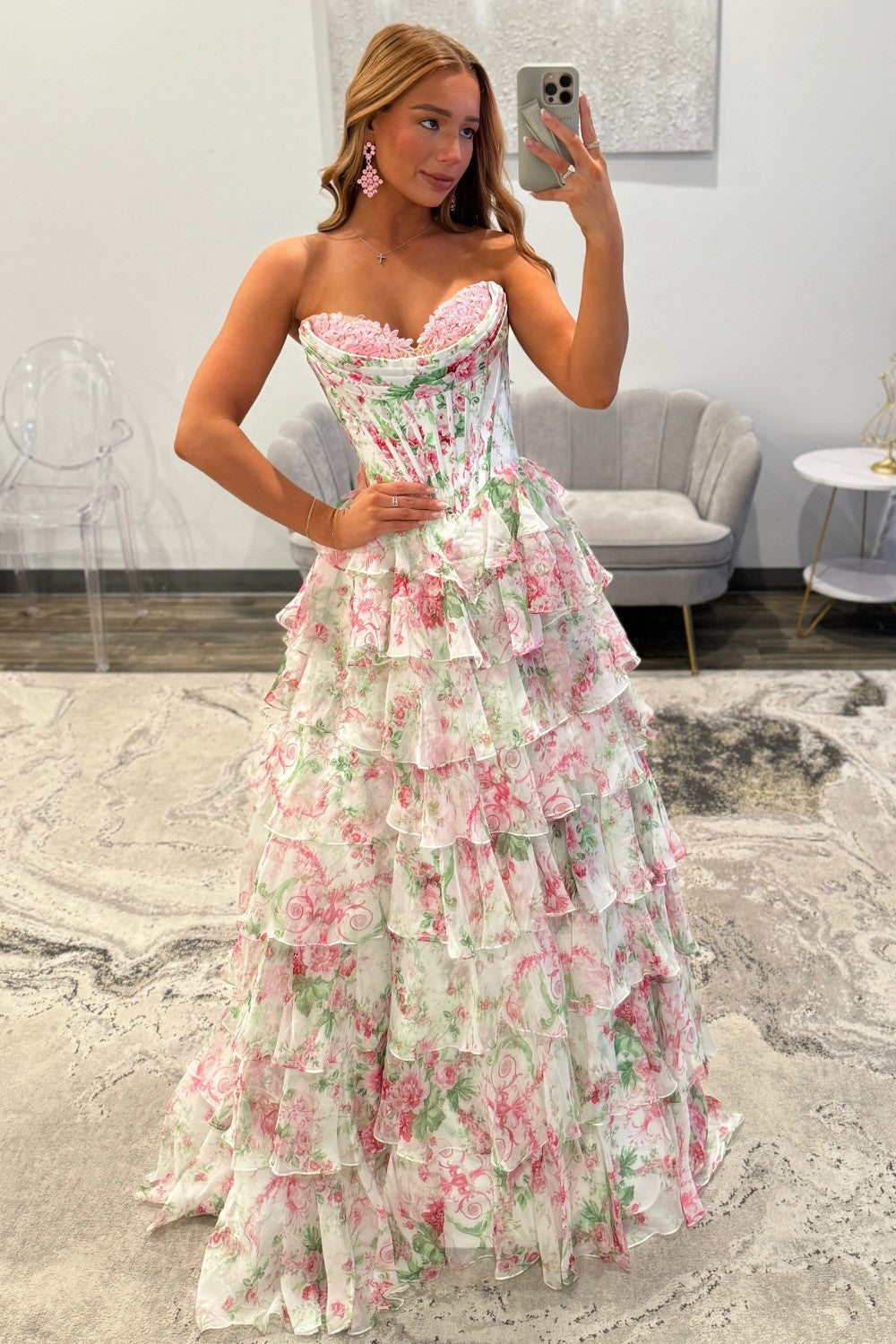 Pink Floral Sweetheart Princess Tiered Long Prom Dress with Slit