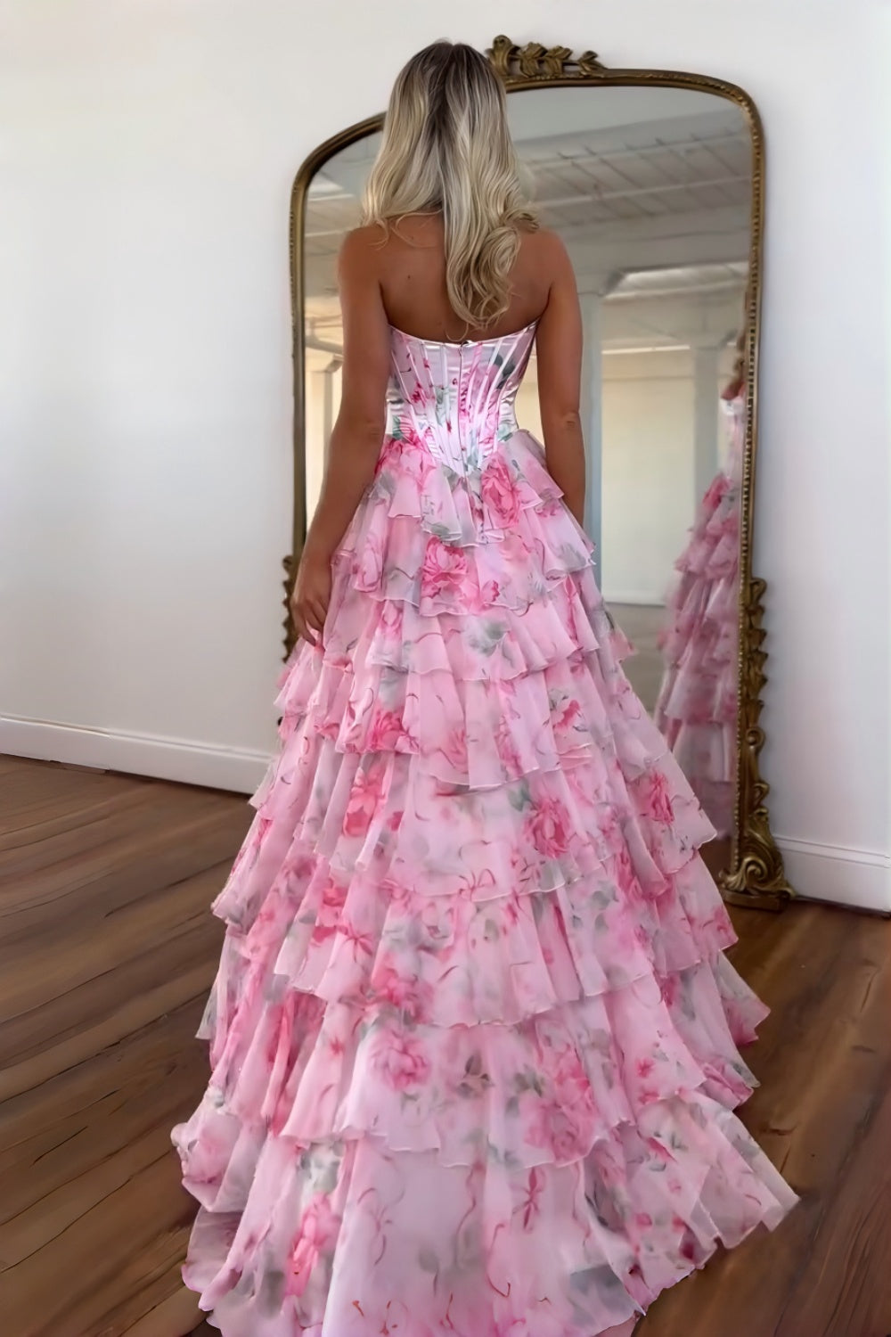 Pink Floral Sweetheart Princess Tiered Long Prom Dress with Slit