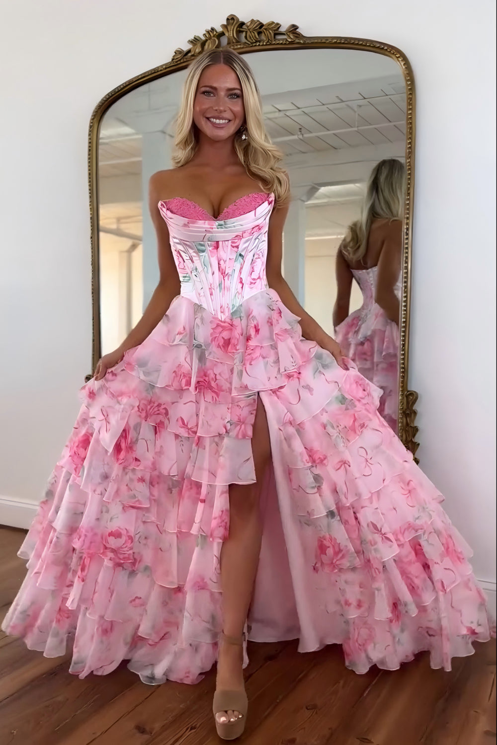 Pink Floral Sweetheart Princess Tiered Long Prom Dress with Slit