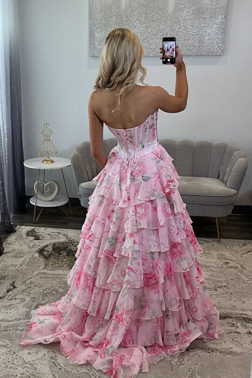 Pink Floral Sweetheart Princess Tiered Long Prom Dress with Slit