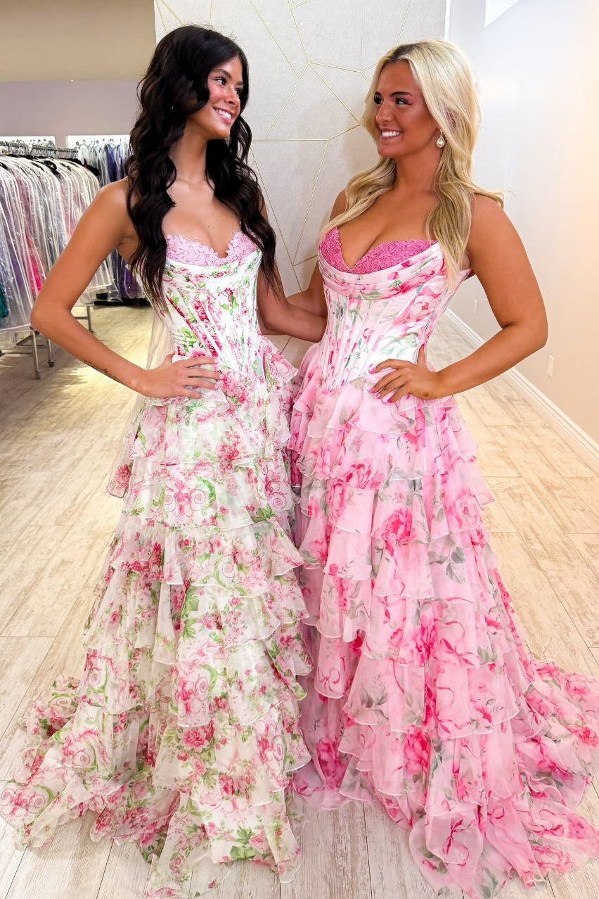 Pink Floral Sweetheart Princess Tiered Long Prom Dress with Slit