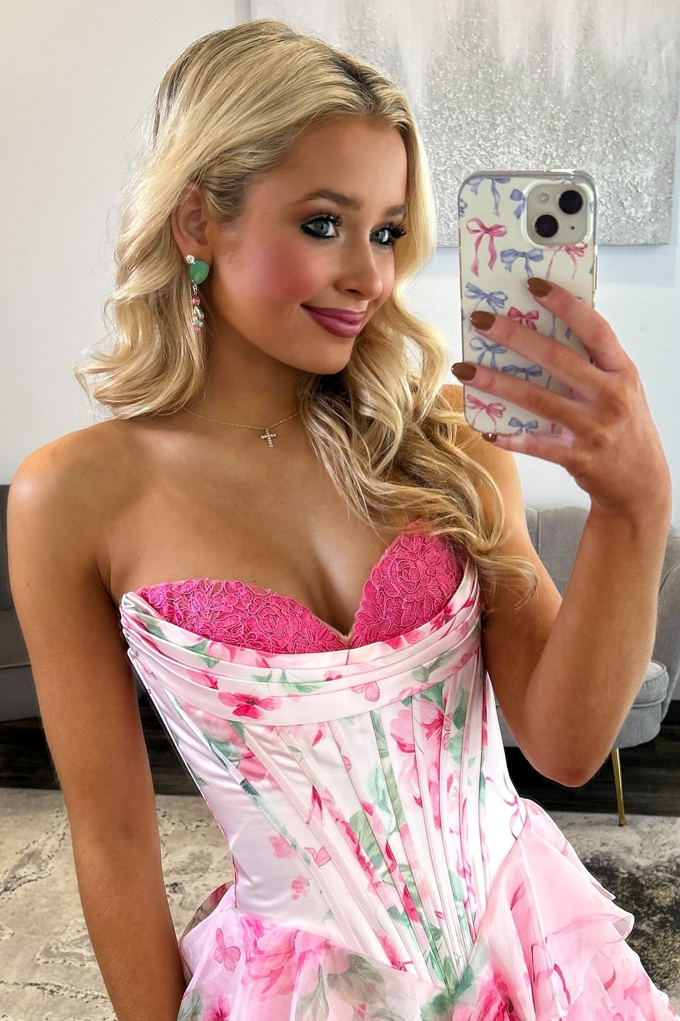Pink Floral Sweetheart Princess Tiered Long Prom Dress with Slit