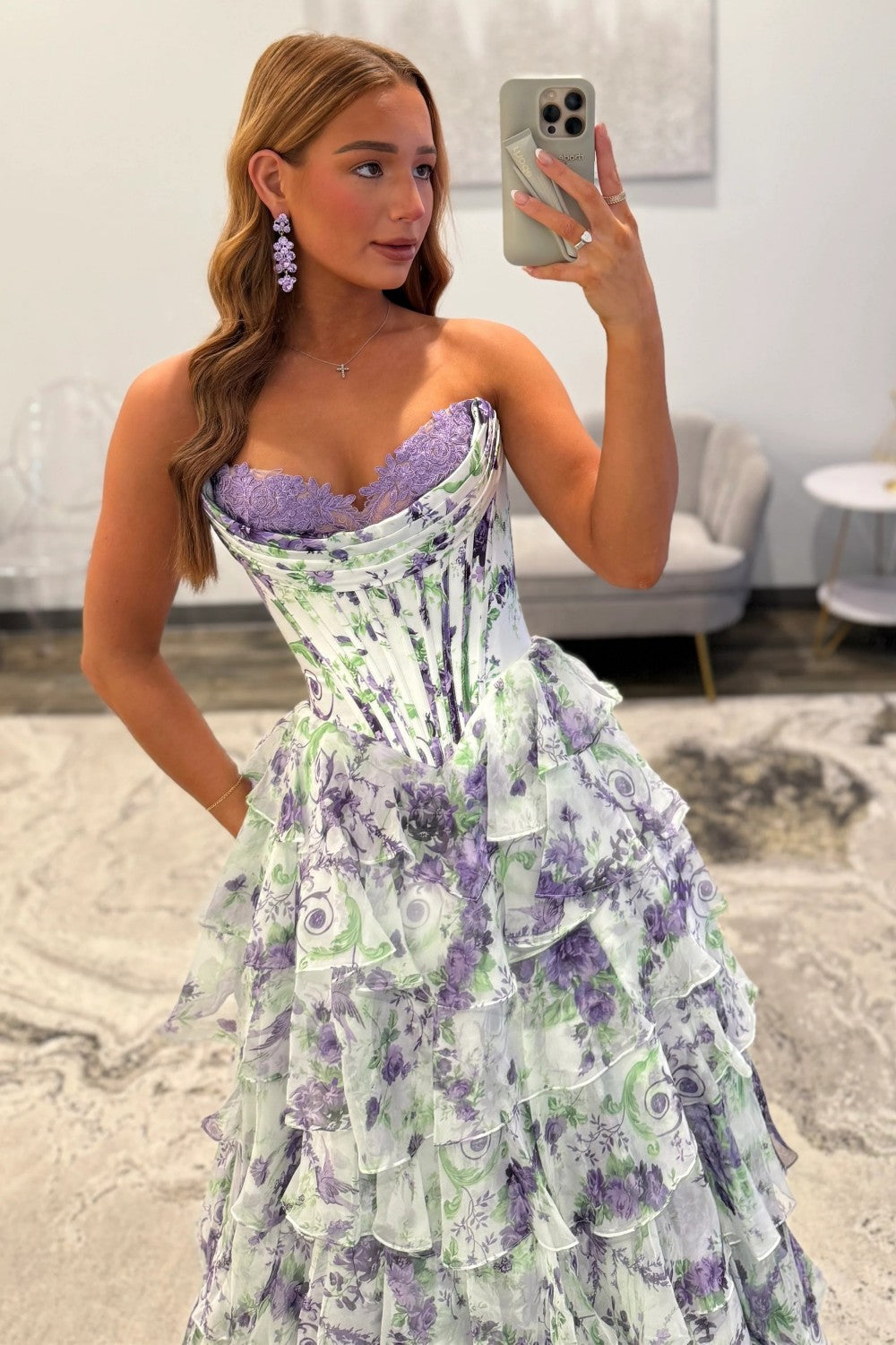 Pink Floral Sweetheart Princess Tiered Long Prom Dress with Slit