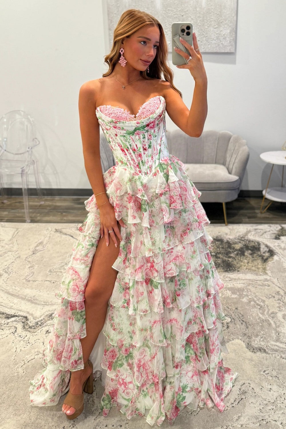 Pink Floral Sweetheart Princess Tiered Long Prom Dress with Slit